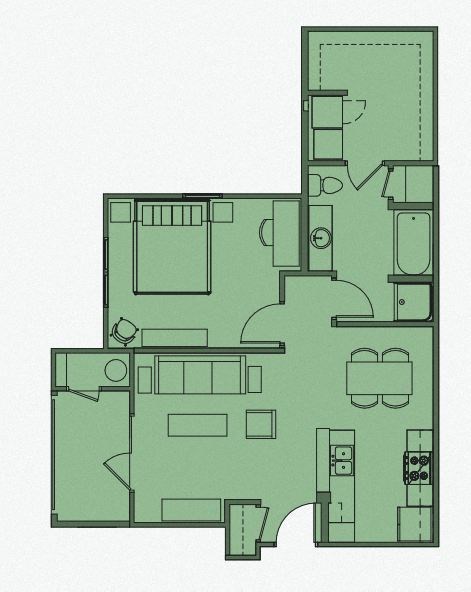 Floor plan for 1 bed, 1 bath, 871 sqft